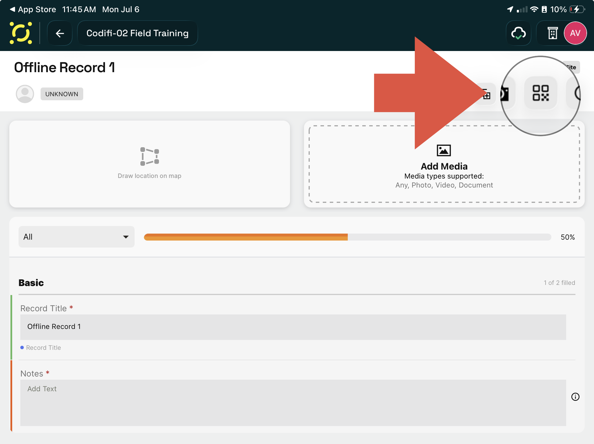 An open Record with the QR button highlighted in the header toolbar