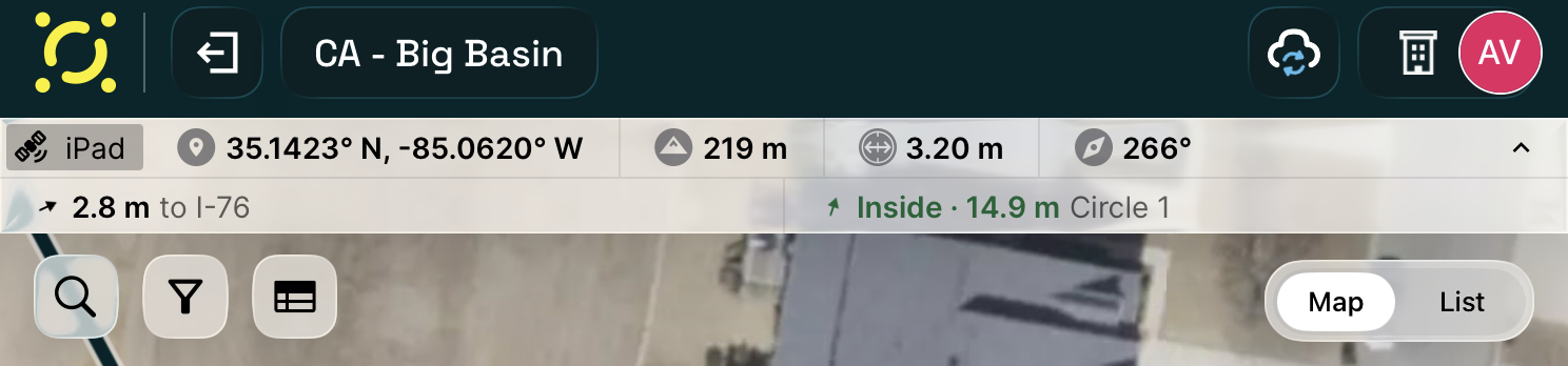 Live data bar with GPS widgets expanded