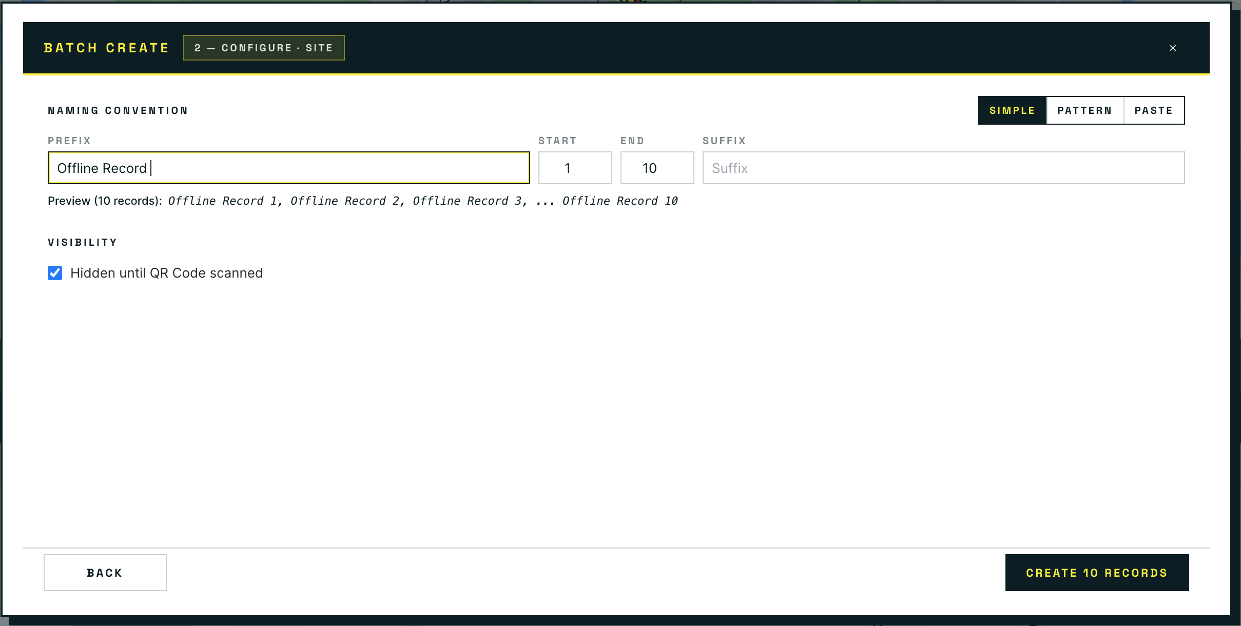 The Batch Create dialog showing naming convention and visibility options