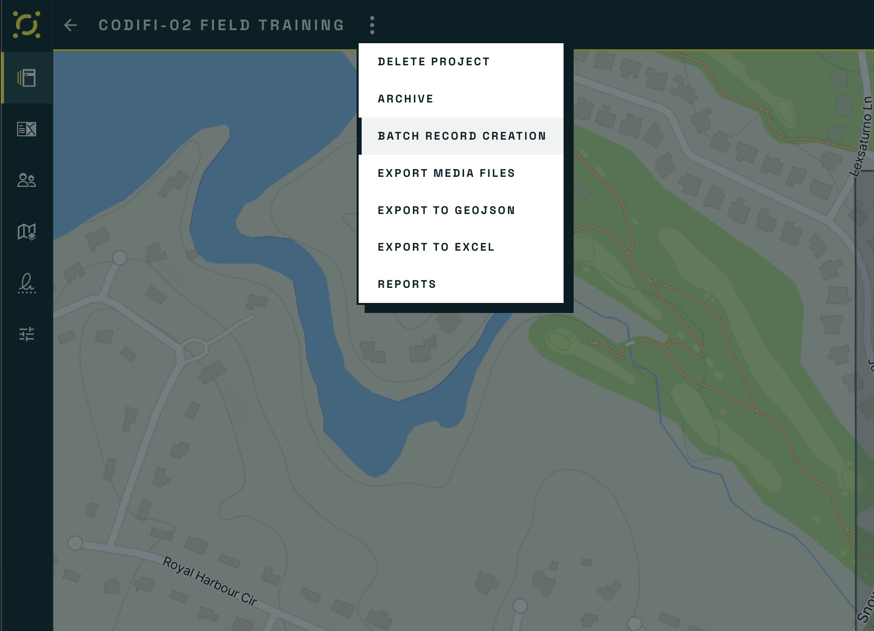 The Project menu on web with Batch Record Creation highlighted