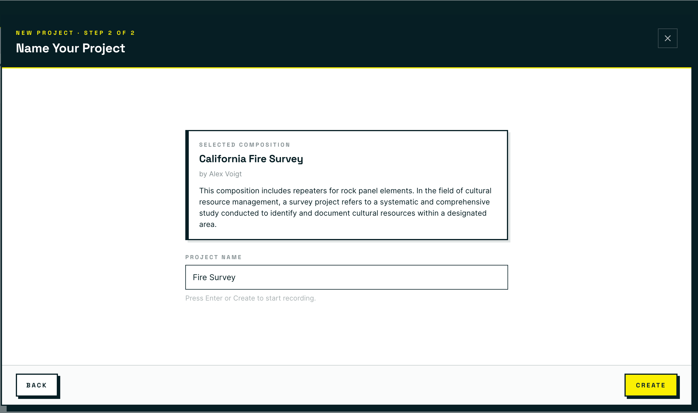 Step 2 of 2, Name Your Project, showing the selected Composition summary above a Project Name field and a Create button