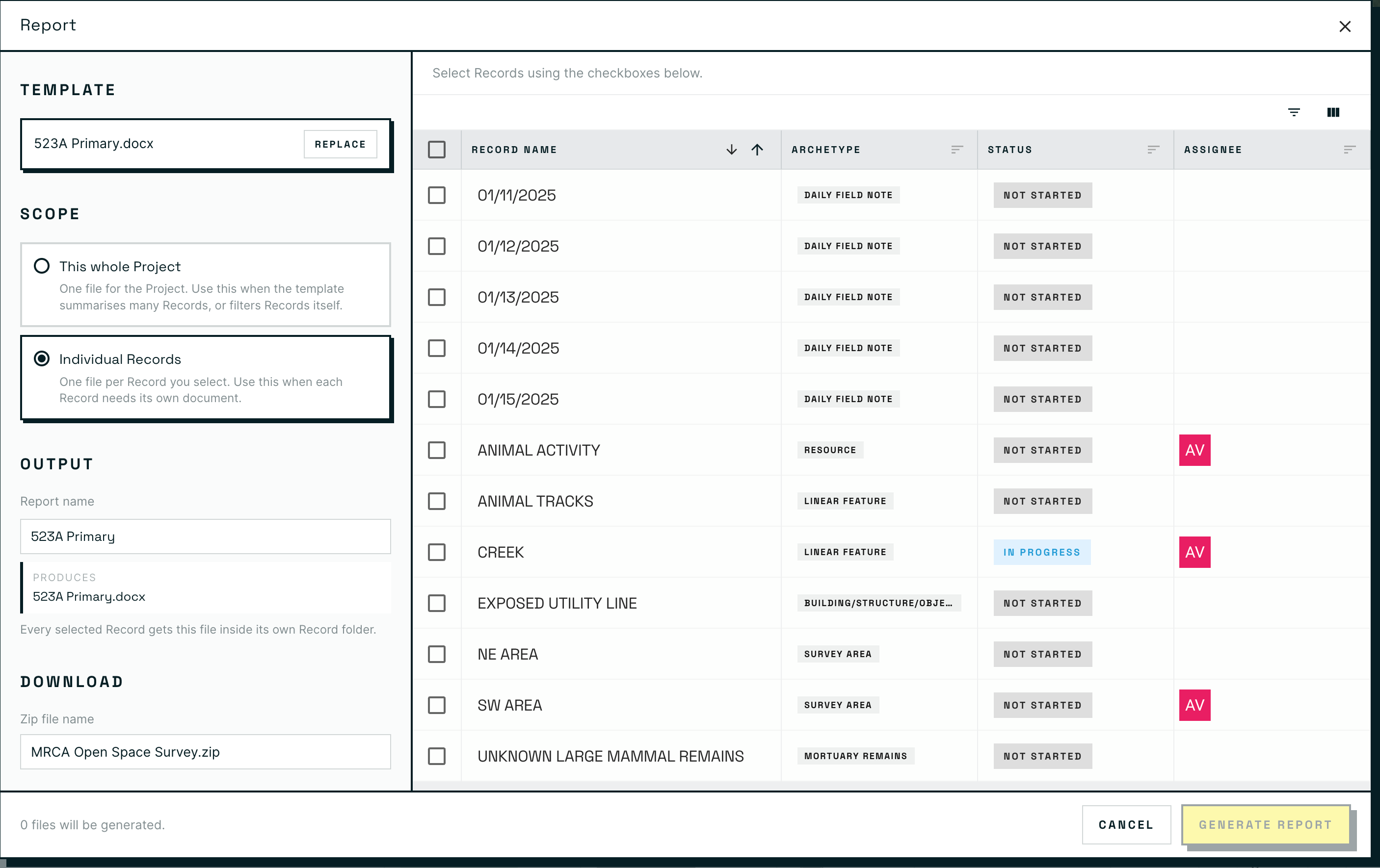 The Report window with a template selected, Scope set to Individual Records, Output and Download naming fields on the left, and a selectable Record table on the right