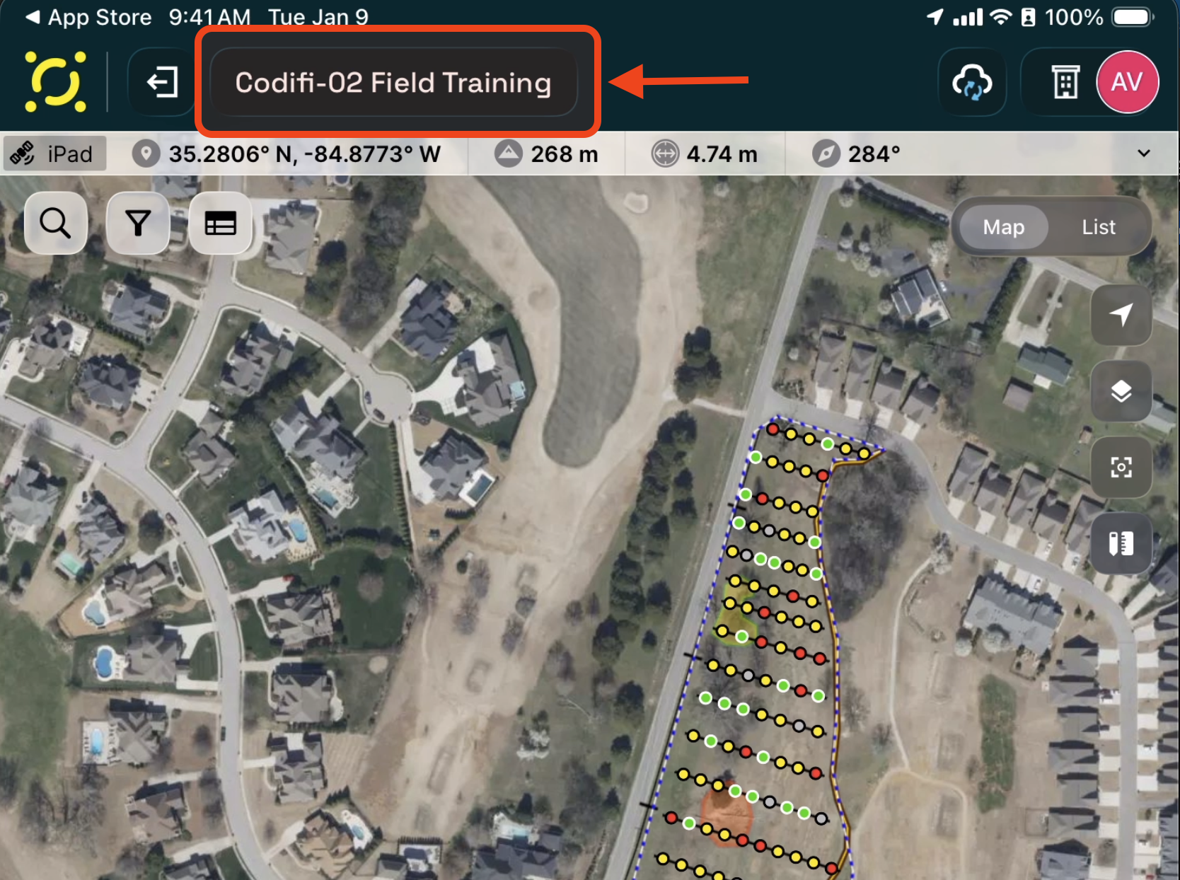 The map screen with the Project name highlighted in the top navigation bar