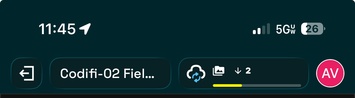 The mobile navigation bar with the Cloud icon expanded, showing a media icon, a downward arrow with a count of 2, and a partly filled progress bar