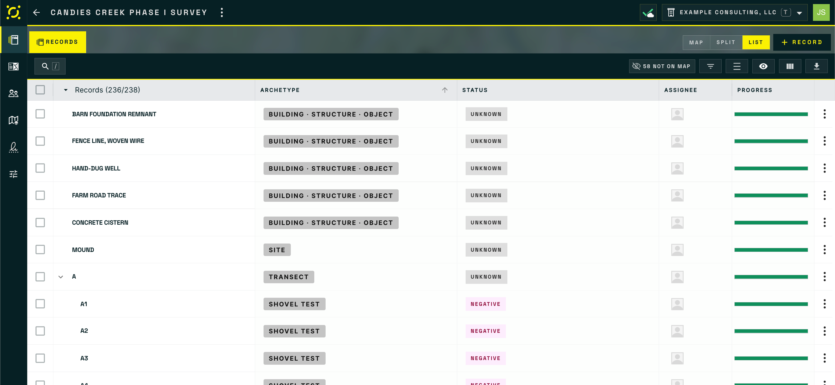 The List view showing Records with Archetype, Status, Assignee, and Progress columns, with shovel tests nested beneath their transect