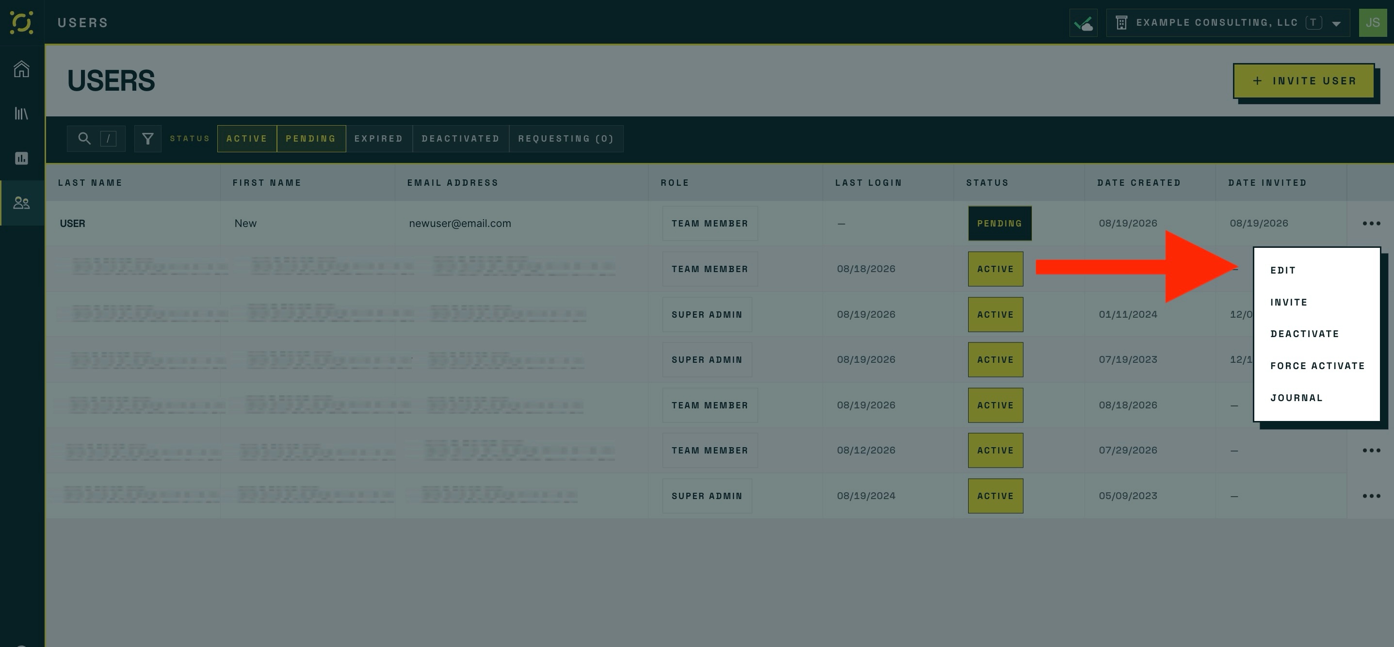 The three-dot action menu open on a user row, showing the Invite option