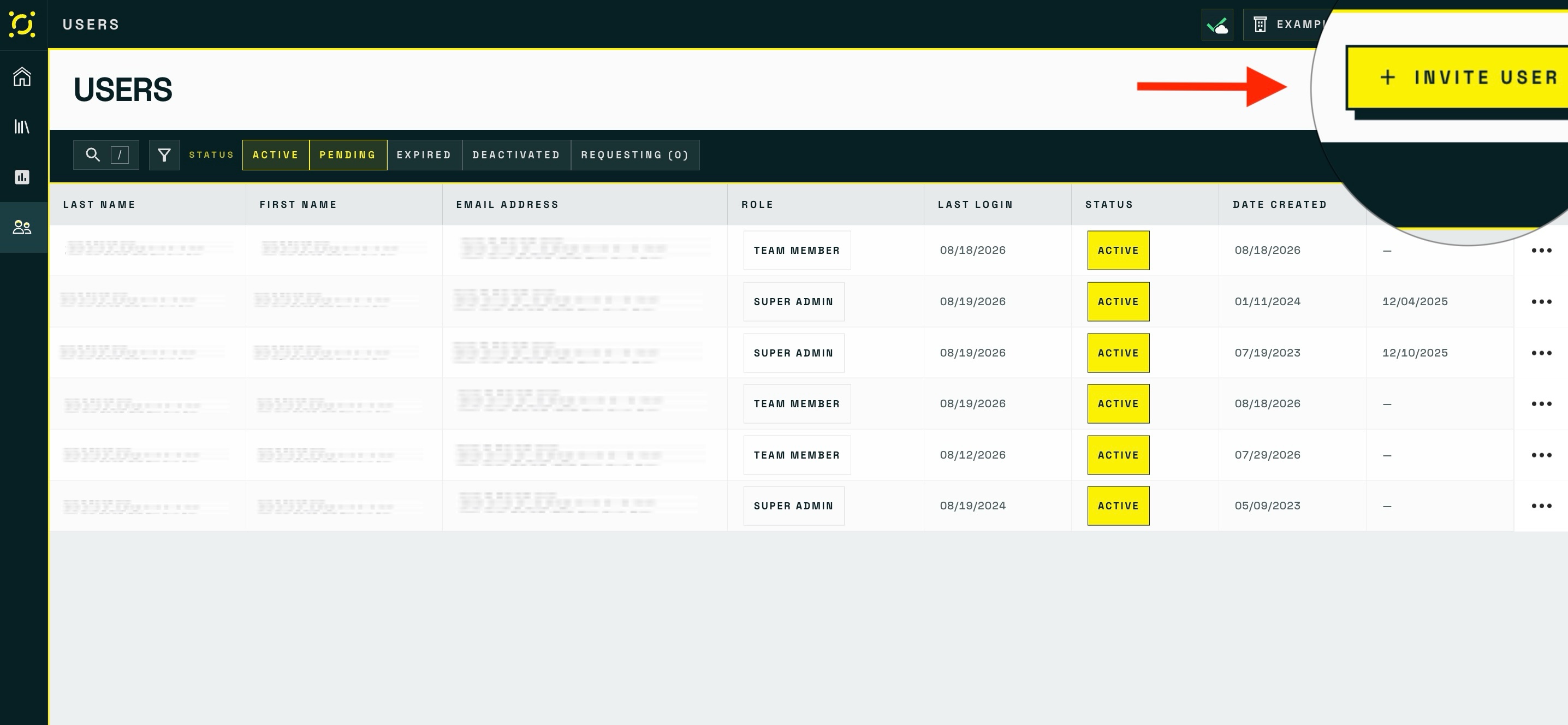 The User Management page with the Invite User button highlighted in the toolbar above the users grid