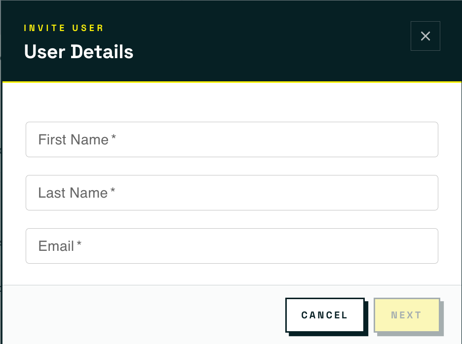 Step one of the Invite User modal showing the First Name, Last Name, and Email fields with Cancel and Next buttons
