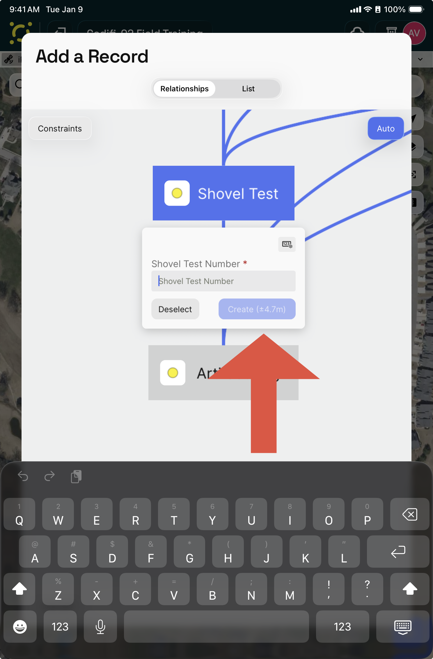 The Add a Record screen showing a single Create button with live GPS accuracy