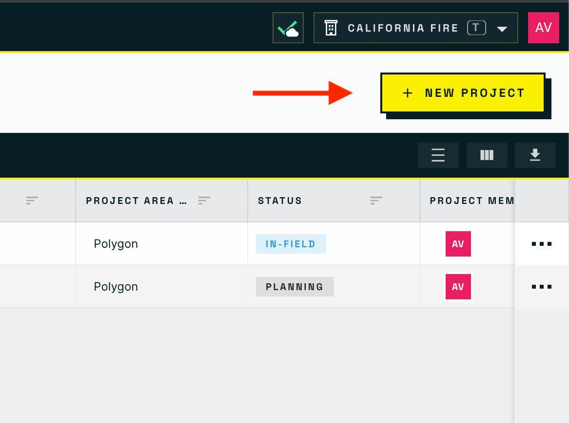 The Projects List header with the + New Project button highlighted in the top right corner