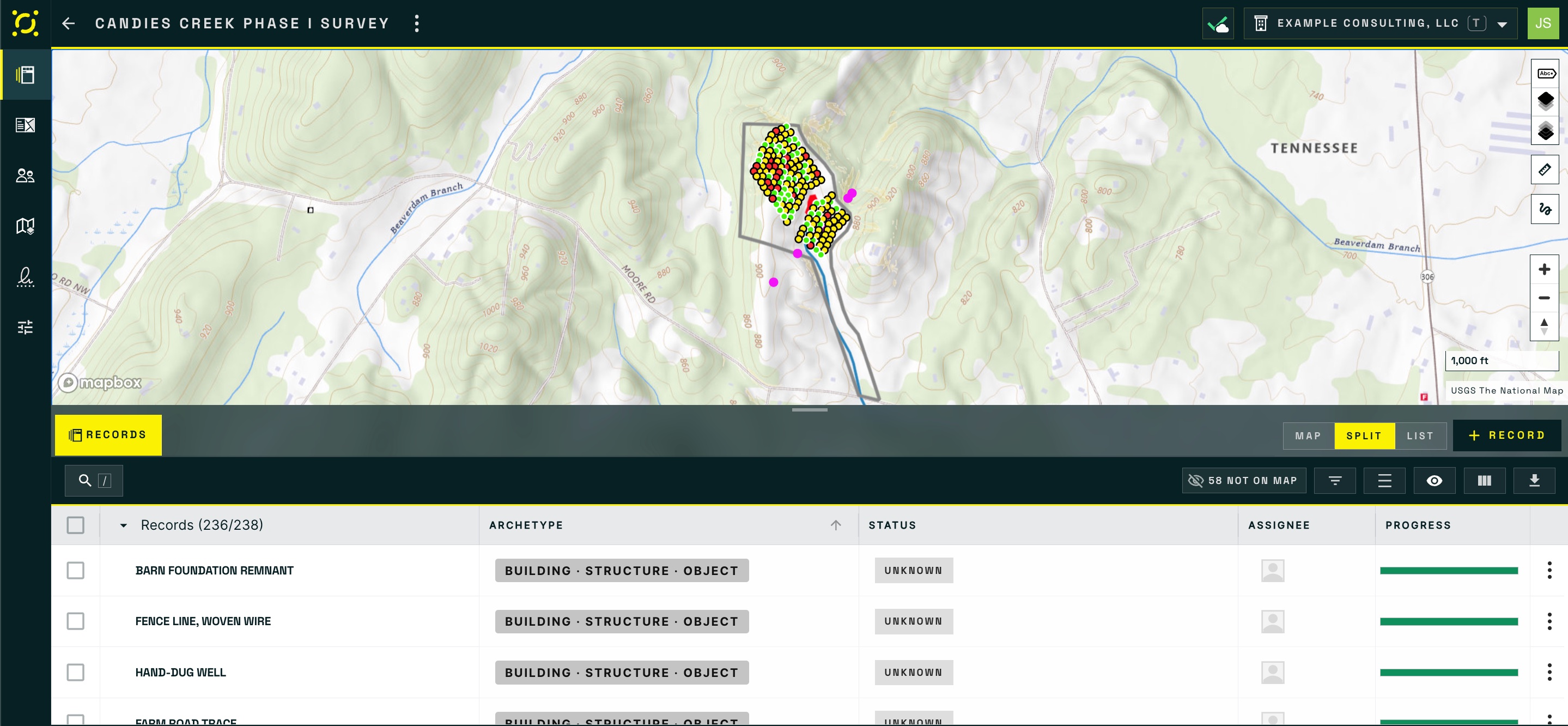 Split view showing a survey area on a topographic basemap with shovel tests colored by status, above the Record table