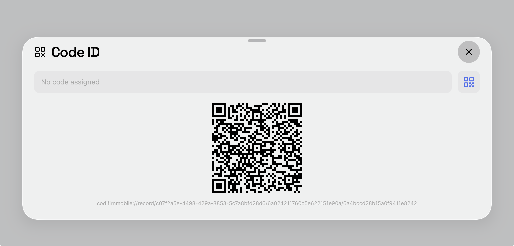 The Code ID panel displaying the Record's QR code
