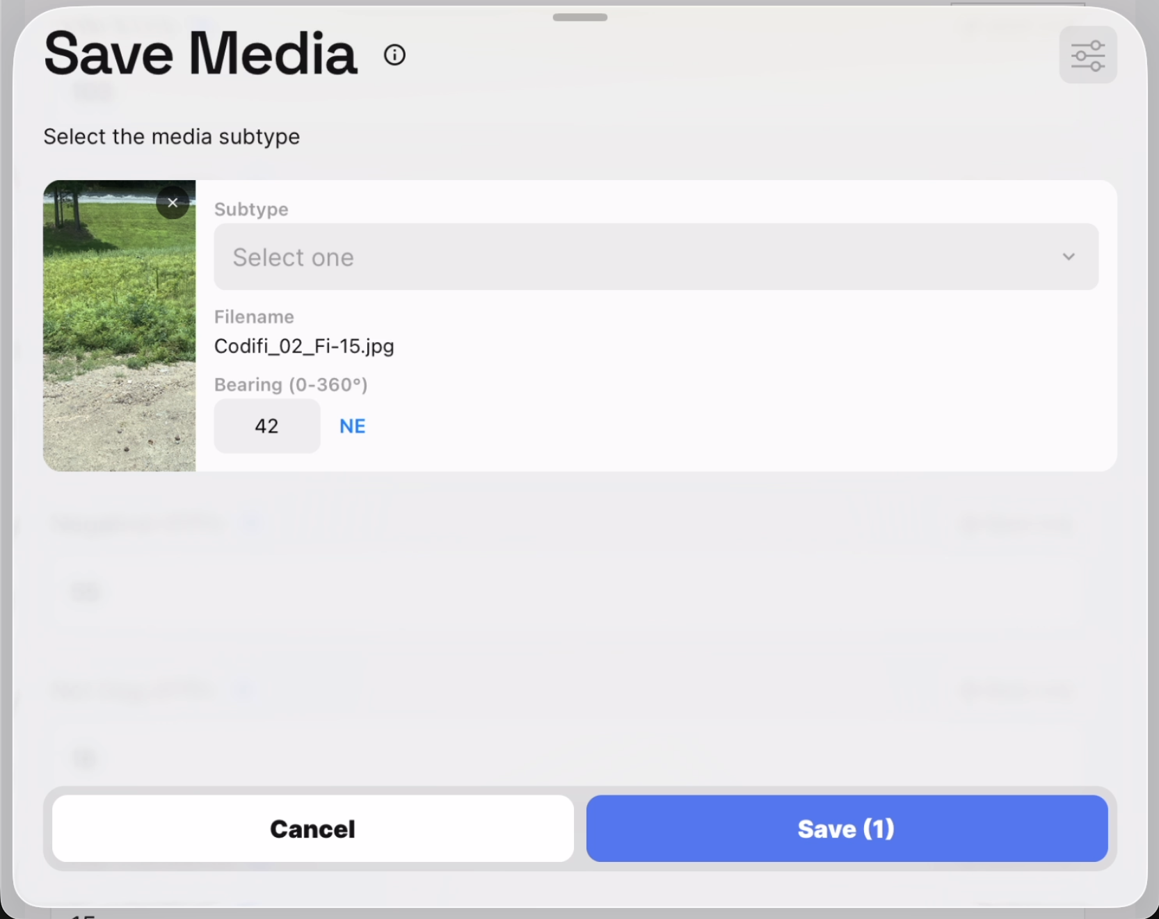 The Save Media sheet after capturing a photo, showing subtype, filename, and bearing fields