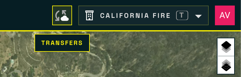 The top bar with the Transfers cloud control highlighted and a Transfers tooltip beneath it