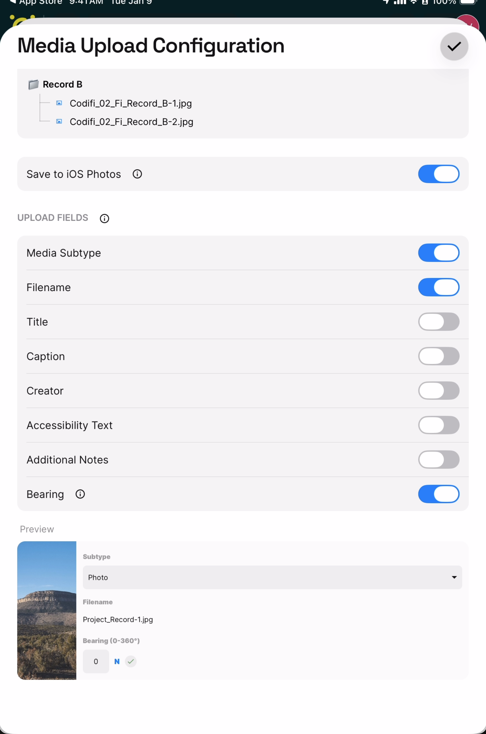 The Media Upload Configuration sheet showing the Upload Fields toggles and preview card