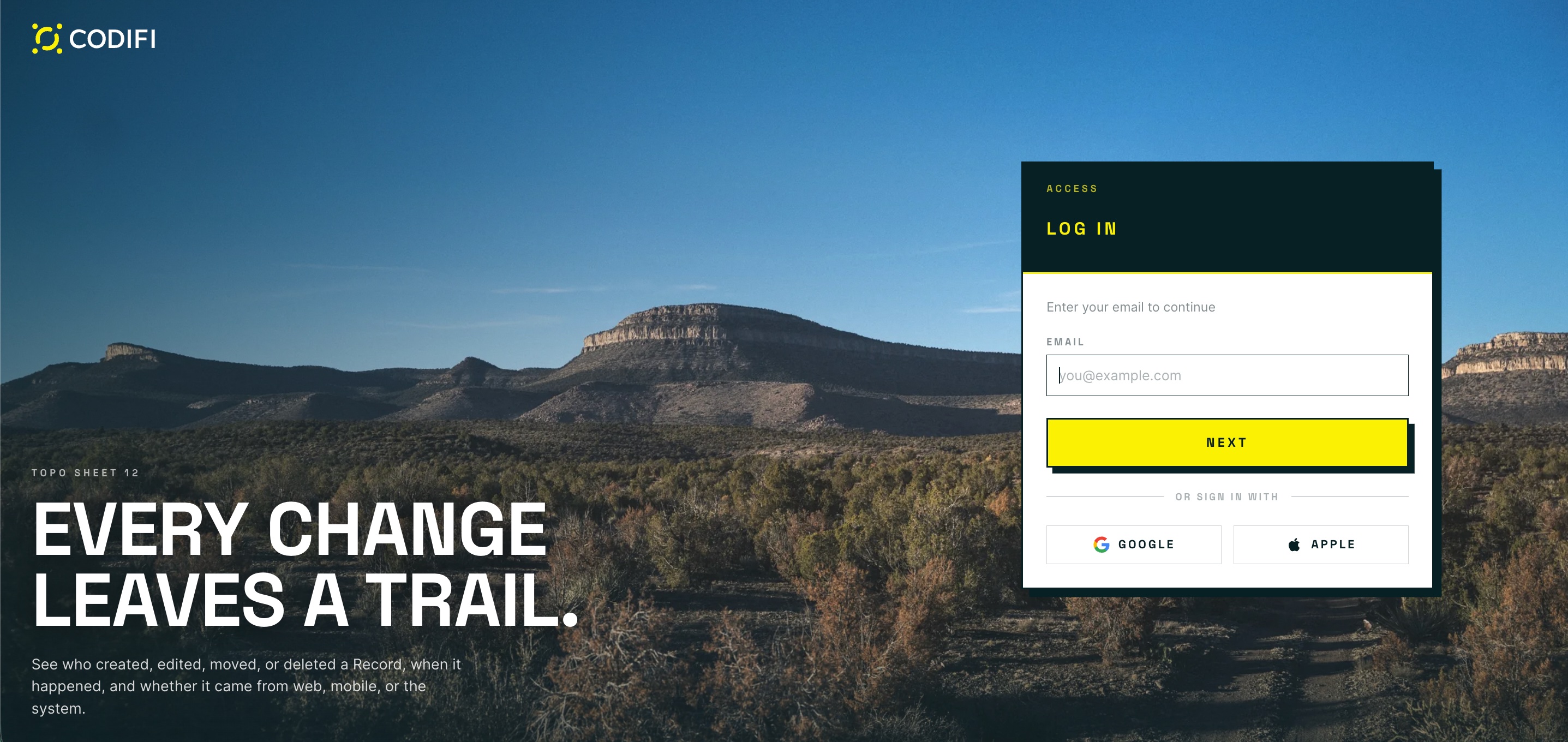 The Codifi login screen at the email entry step, with the email field, a Next button, and Google and Apple sign-in buttons beneath