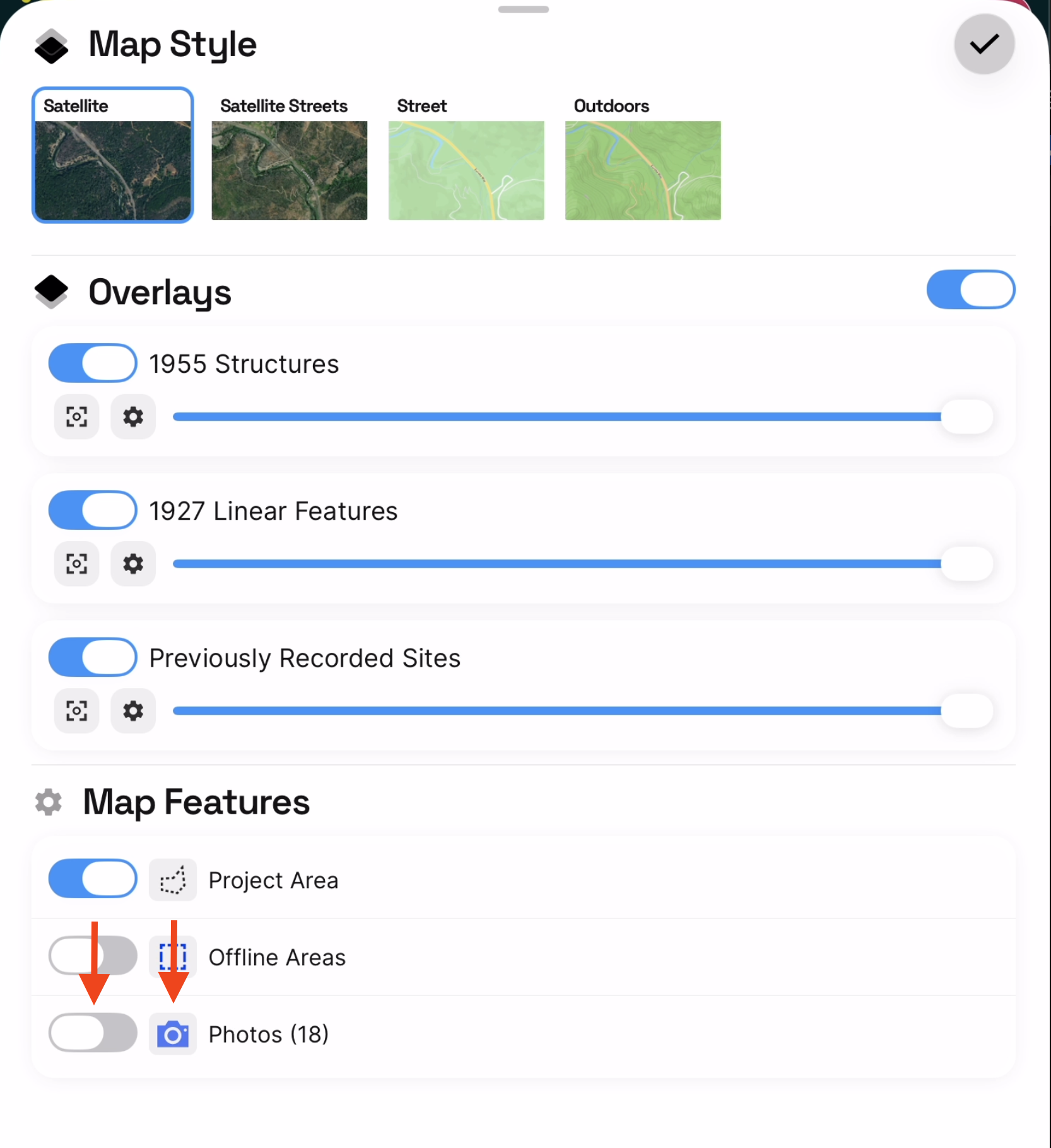 The Map Style sheet with the Photos toggle highlighted under Map Features