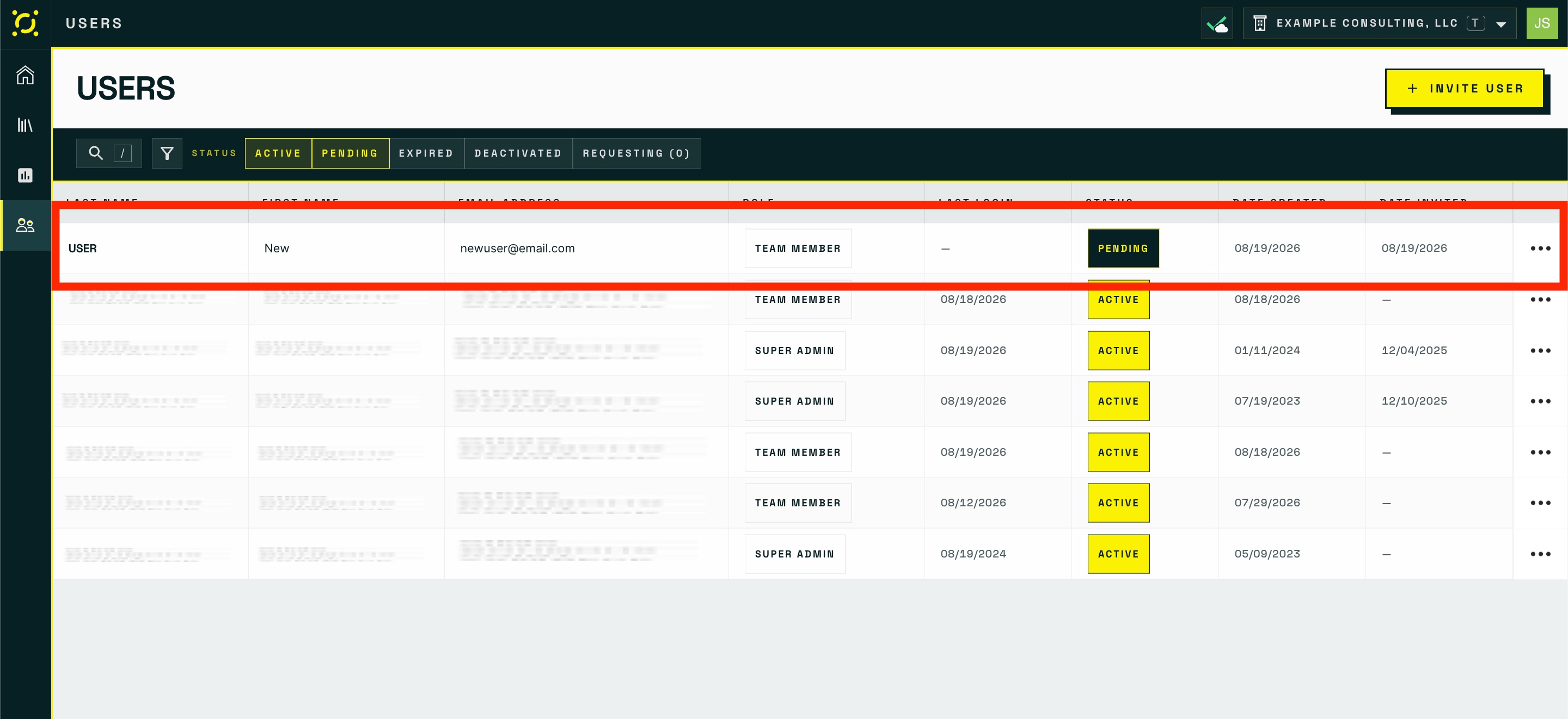The users grid with a newly invited row highlighted in green and showing Pending status