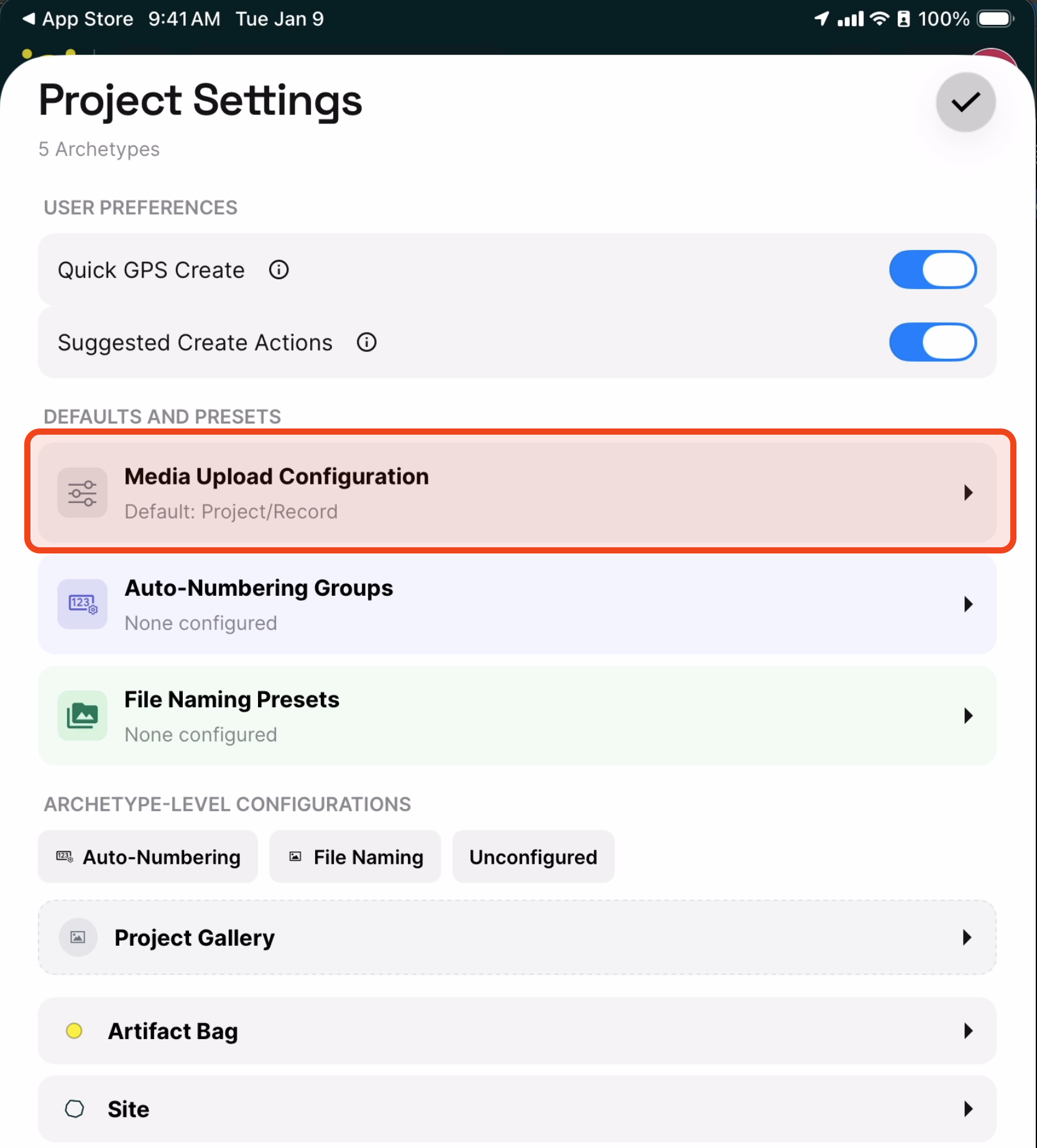 The Project Settings sheet with Media Upload Configuration highlighted