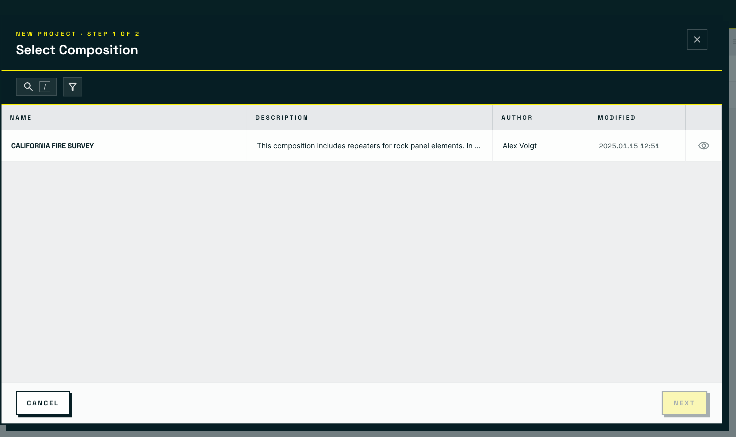 Step 1 of 2, Select Composition, showing a searchable list of Compositions with name, description, author, and modified columns