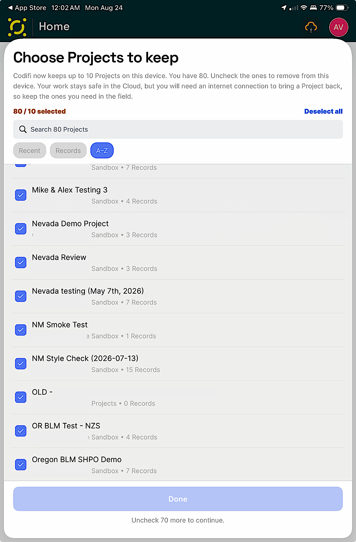 The Choose Projects to keep screen showing 80 of 10 selected in red, a search field, Recent, Records, and A-Z sort chips, a checklist of Projects with their tenant and Record count, and a disabled Done button reading Uncheck 70 more to continue