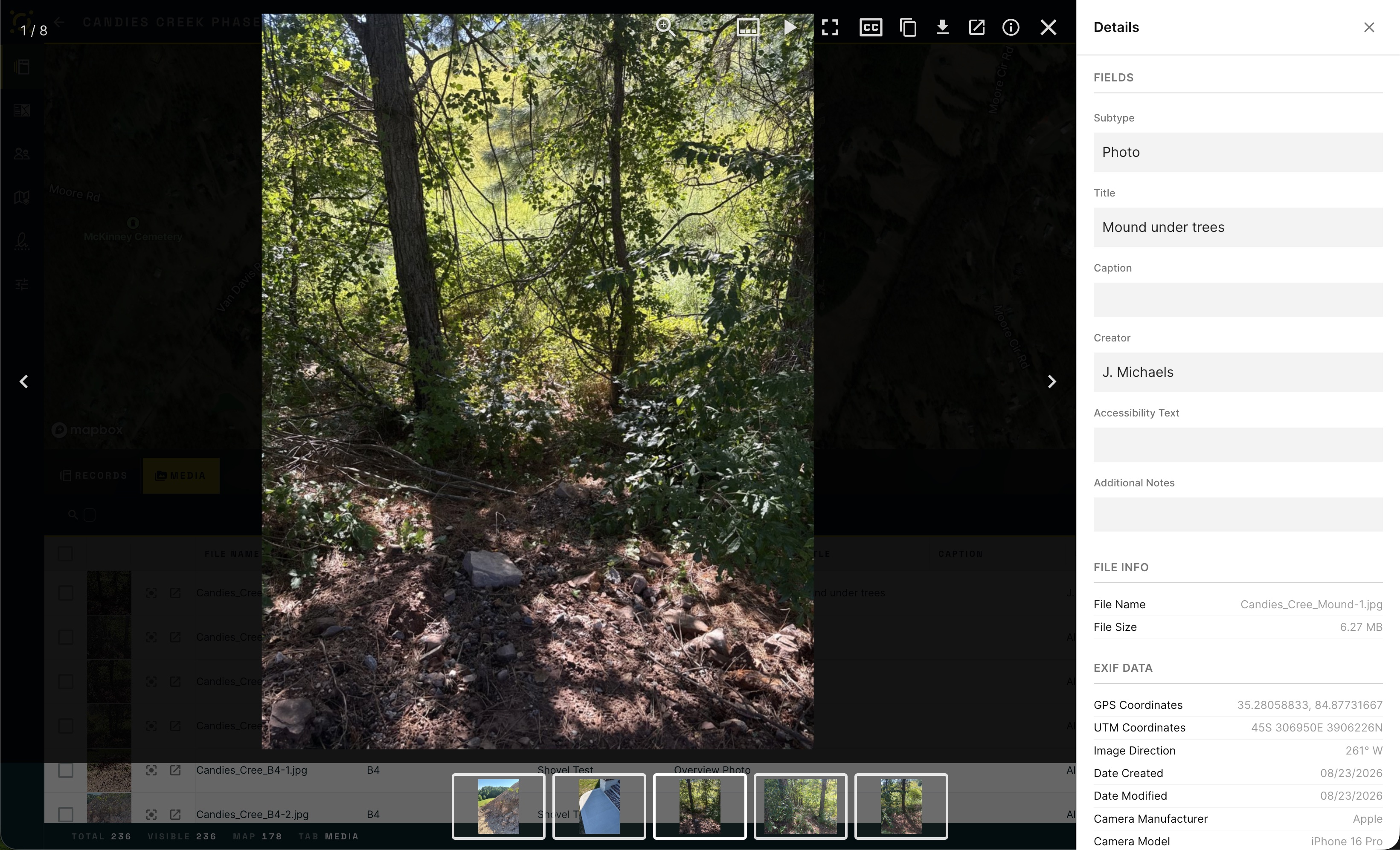 A photo open full screen in the lightbox with a Details panel on the right showing Fields, File Info, and EXIF Data, and a filmstrip of other photos along the bottom
