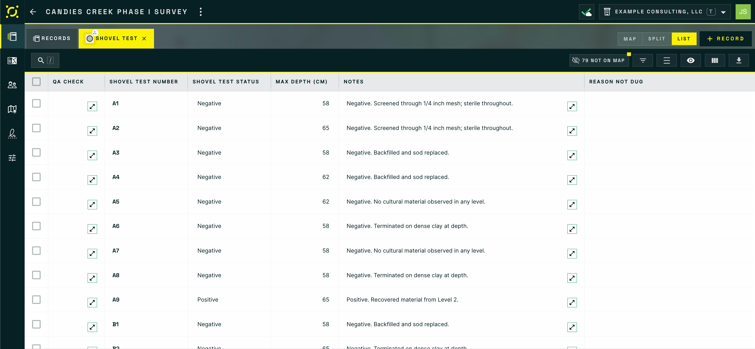 A Shovel Test Data Table open as a tab beside Records, with QA Check, Shovel Test Number, Status, Max Depth, Notes, and Reason Not Dug columns