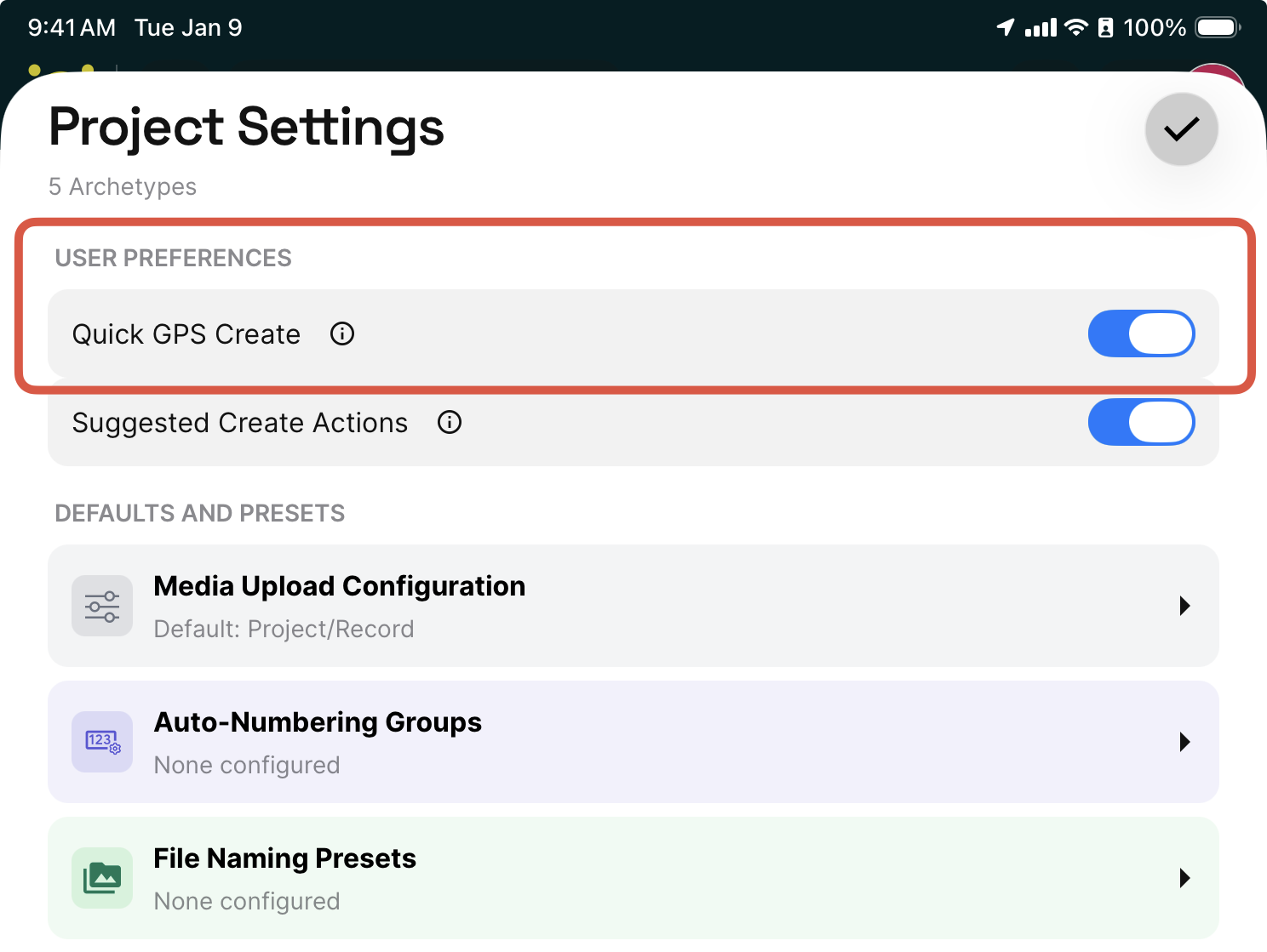 The Project Settings sheet with the Quick GPS Create toggle highlighted under User Preferences